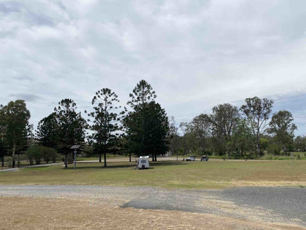 Grassy camping grounds with mature trees providing shade at Tully Memorial Park