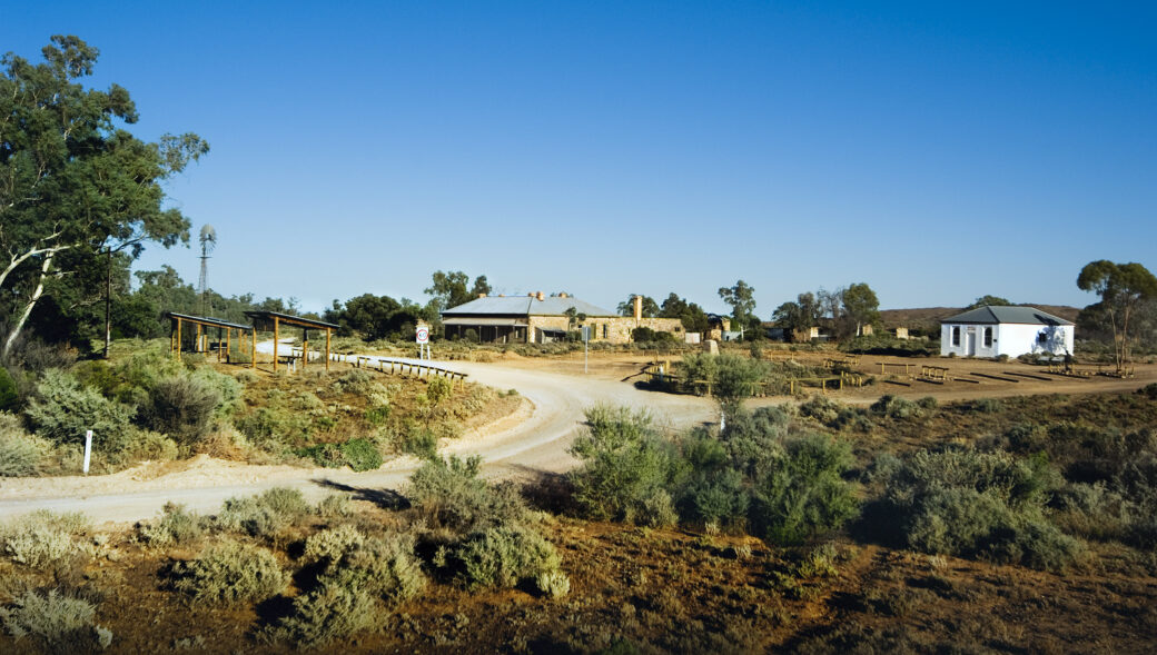 Aerial view of Beltana Town Camp showing camping areas and facilities in outback South Australia