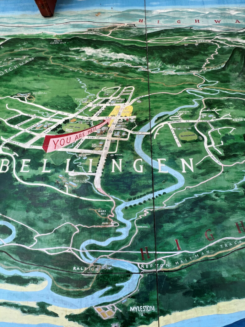 Bellingen town welcome sign for travelers on Pacific Highway NSW