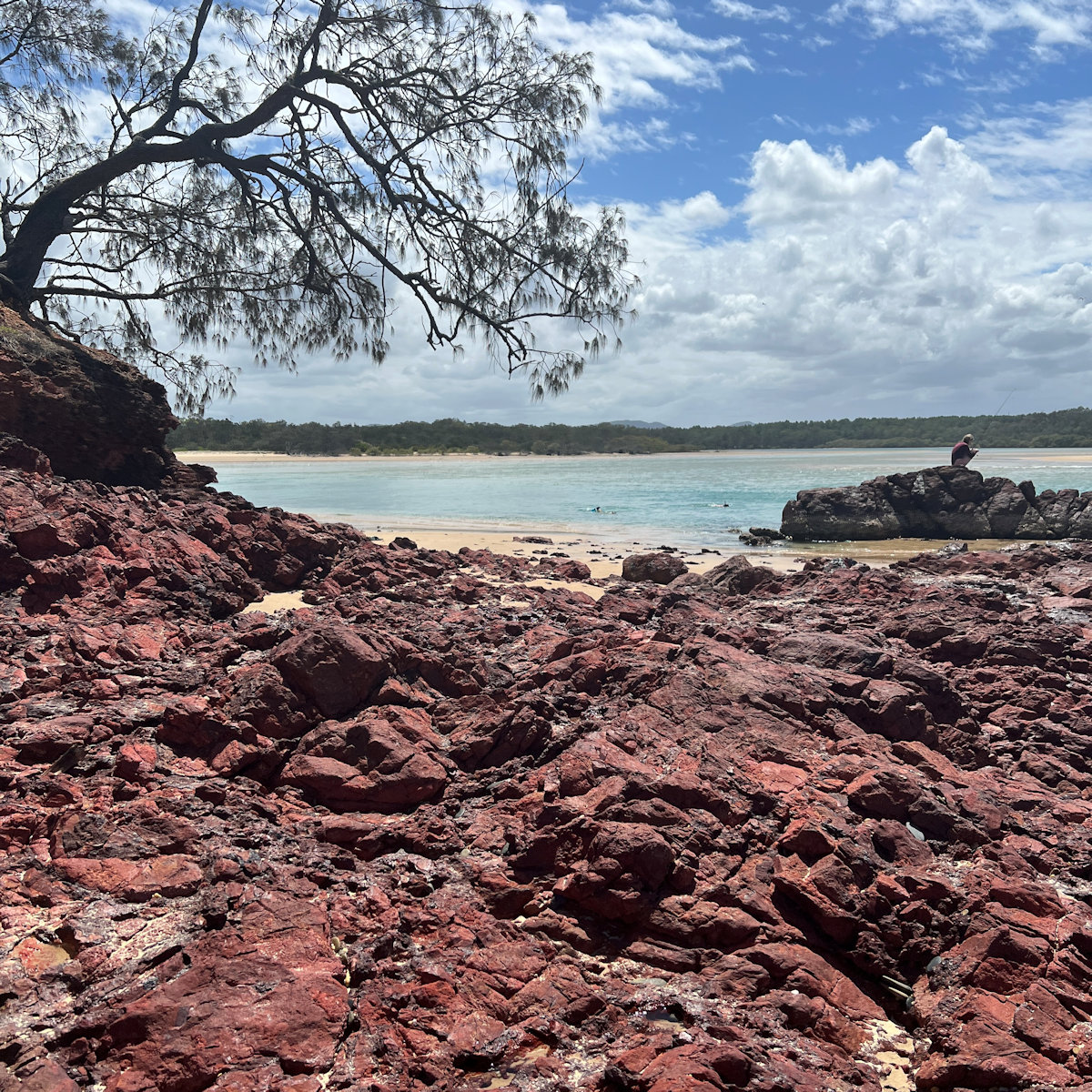 Aerial view of Little Beach coastline with turquoise waters, Red Rock NSW