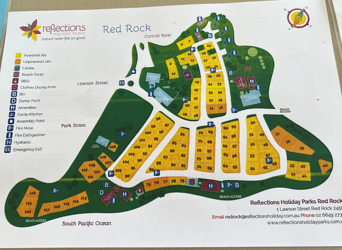 Shaded camping spots with trees at Reflections Holiday Parks, Red Rock NSW