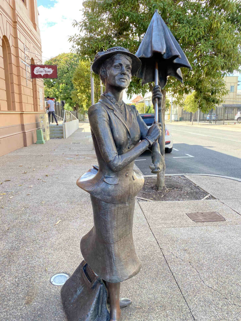 Mary Poppins statue in historic Maryborough QLD, close to free camping at Alan & June Brown car park