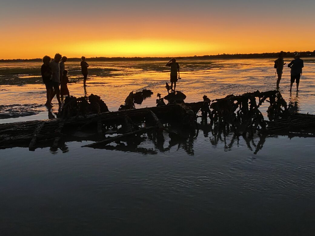 Historic Catalina flying boat wreck remains visible at low tide in Roebuck Bay, Broome, Western Australia