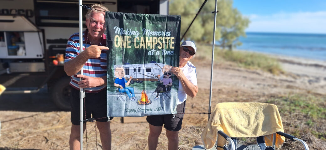 Surprise farewell gathering for Margaret at a camping site with decorations