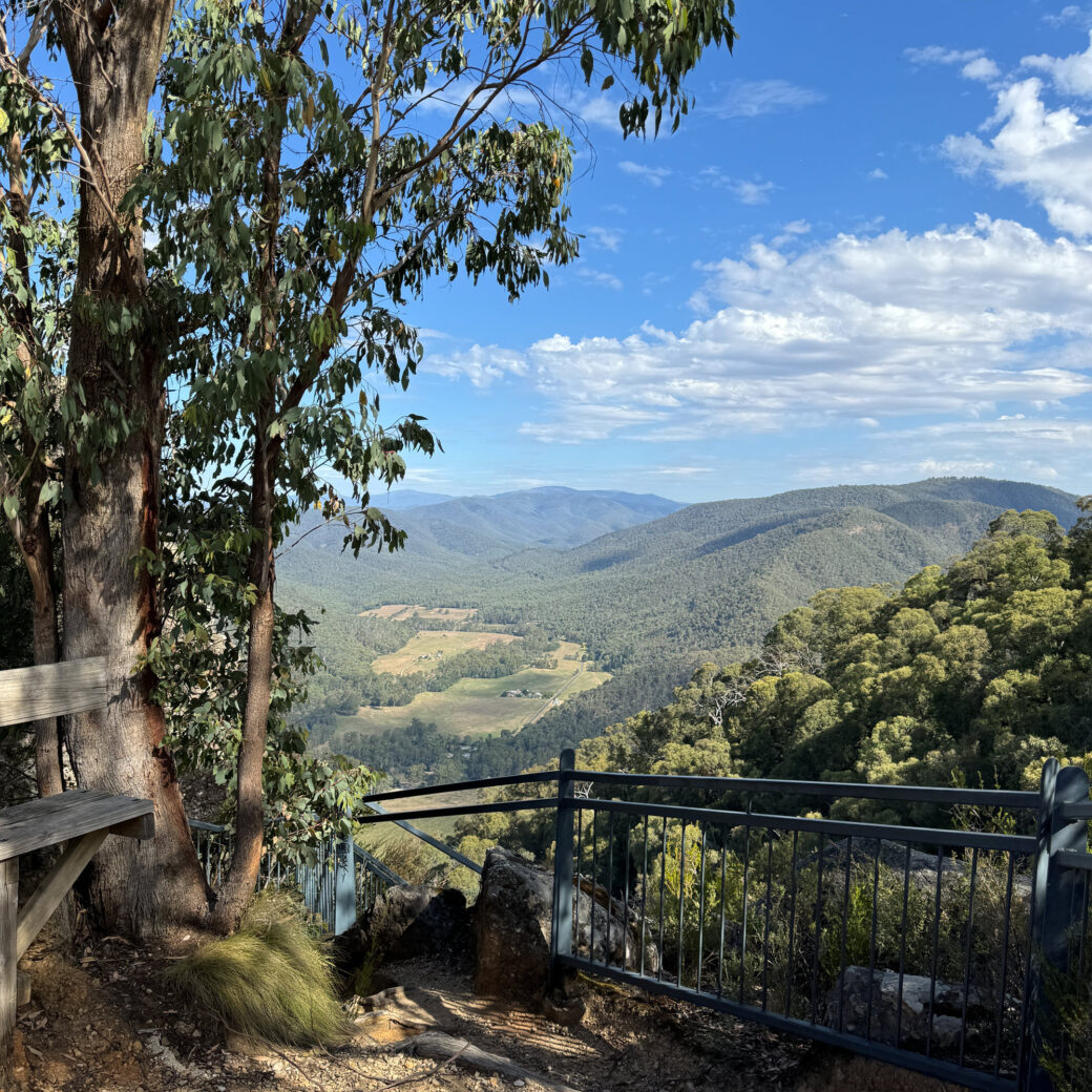 Scenic vista from Powers Lookout showing panoramic views of Victorian High Country near Wangaratta
