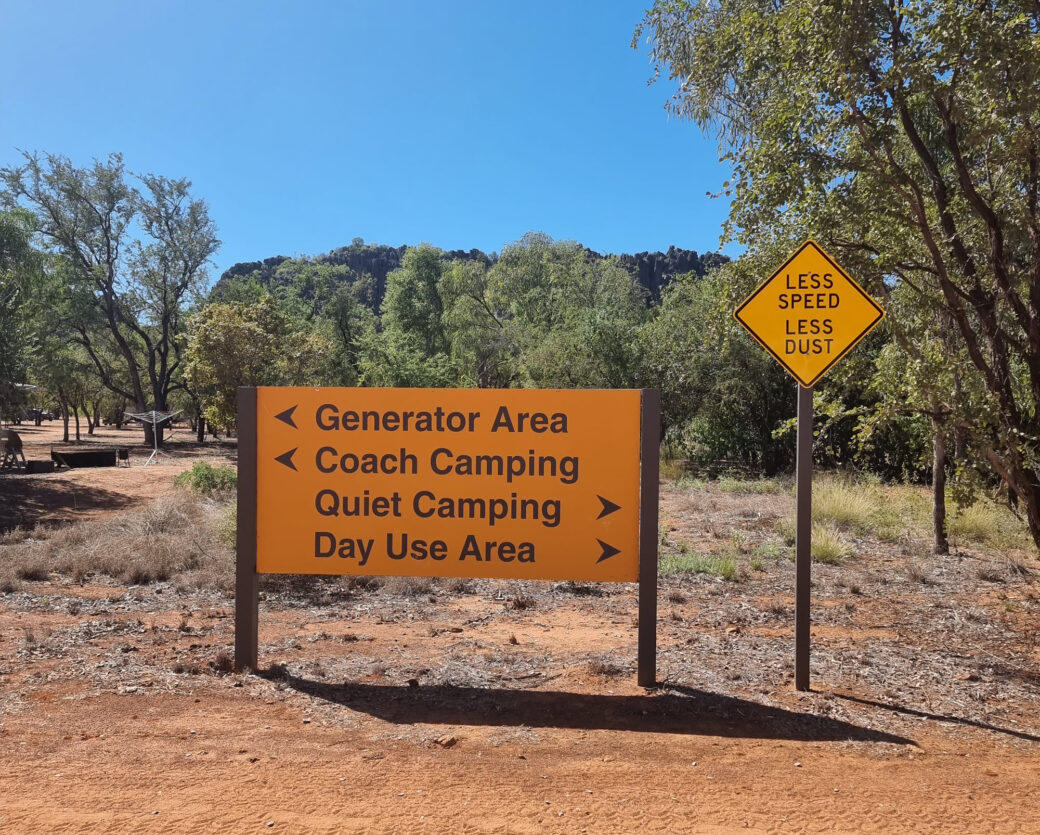 Camping areas with caravans and tents at Windjana Gorge campground, Western Australia