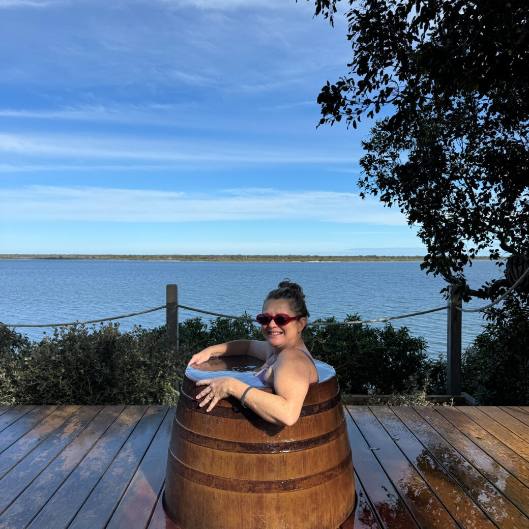 Wooden barrel hot tubs for private soaking at Metung Hot Springs