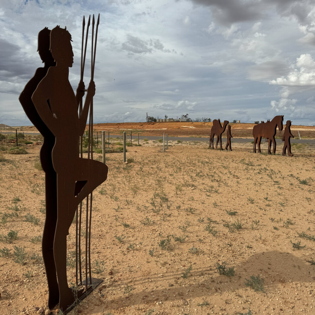 Metal silhouette sculptures depicting outback pioneers at Innamincka, South Australia