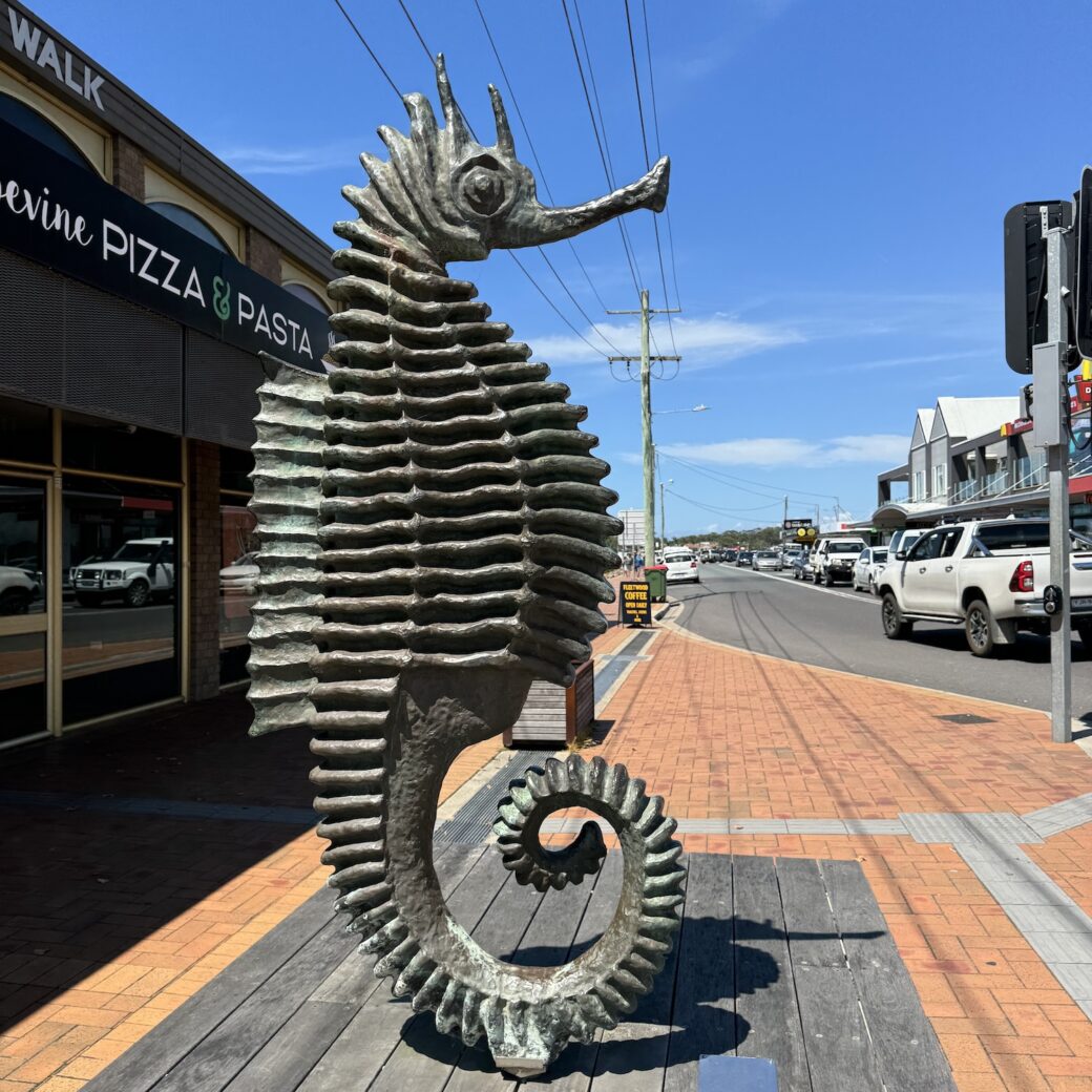Large seahorse sculpture public art installation in Merimbula, NSW South Coast landmark