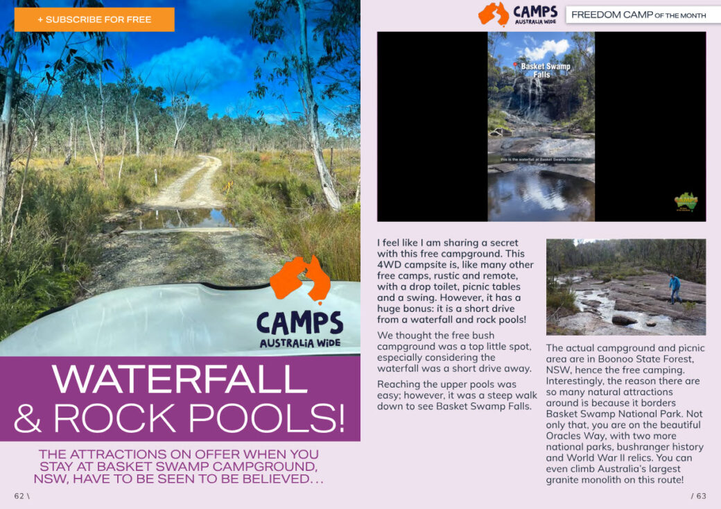 Camping setup with vehicle and tent at Basket Swamp Campground, NSW