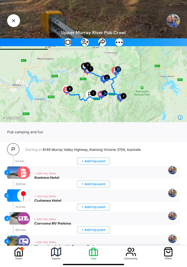 Map showing pub crawl route along the Upper Murray River camping trail