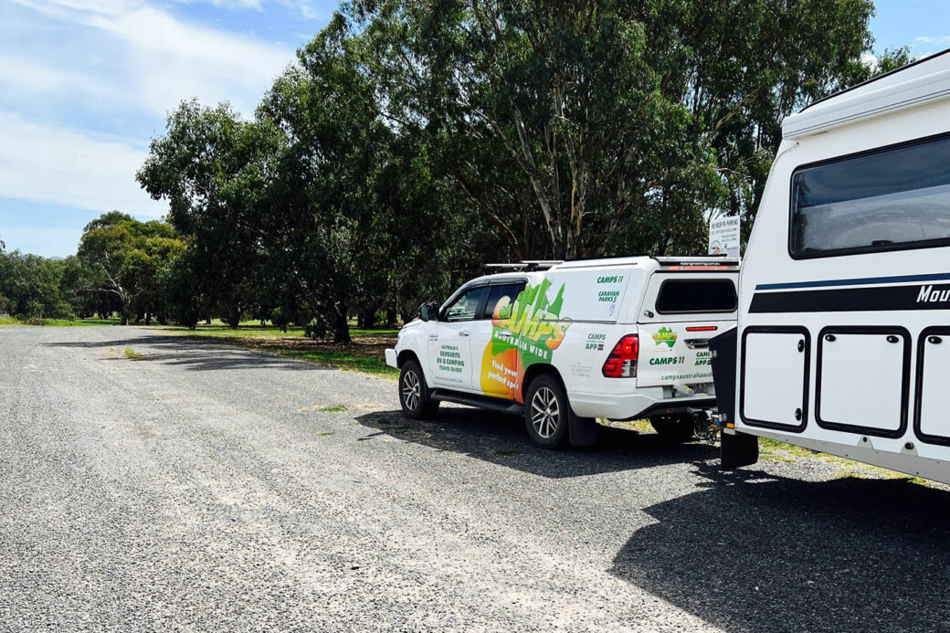 RV parking area at Corryong, Victoria with camping spaces for motorhomes