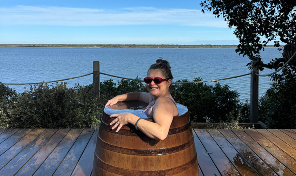 Wooden hot spring barrel at Metung Hot Springs, Victoria for relaxing soak