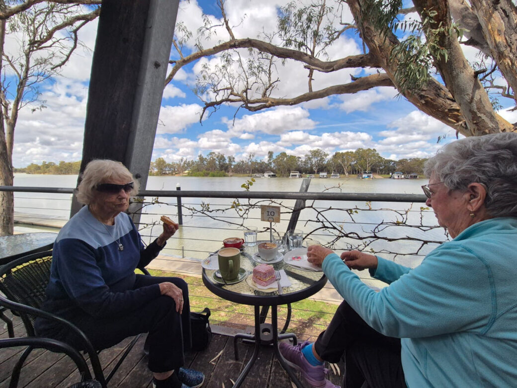 Pink lamington cakes displayed near the Murray River at Berri, South Australia
