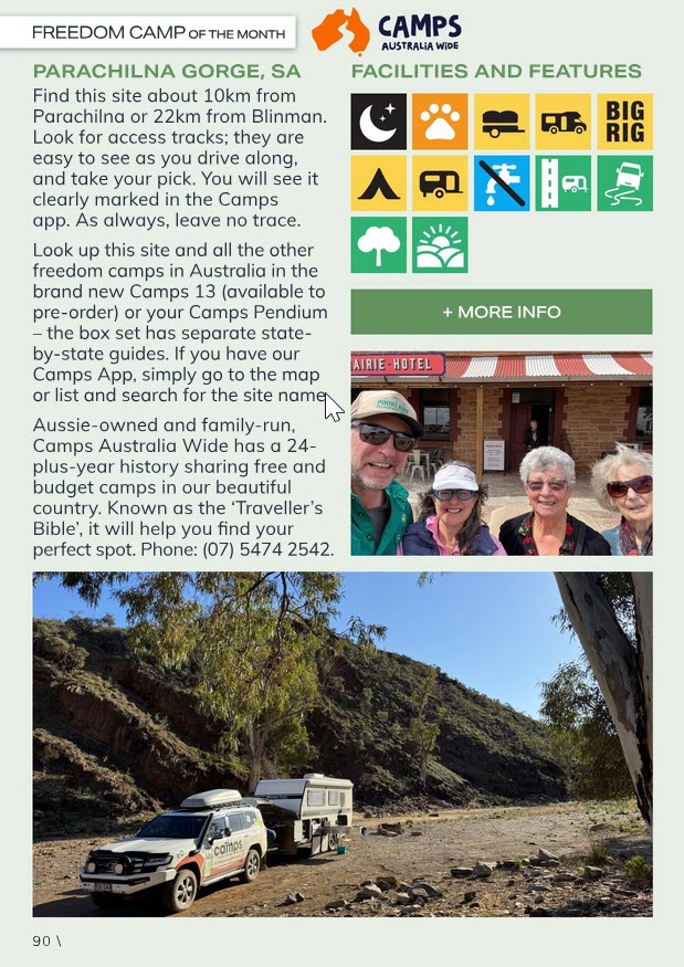 Magazine page featuring Parachilna Gorge freedom camp details and visitor information