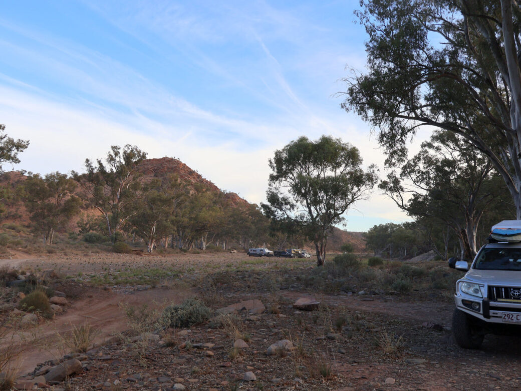 Parachilna Gorge campsite nestled among red rock formations in the Flinders Ranges