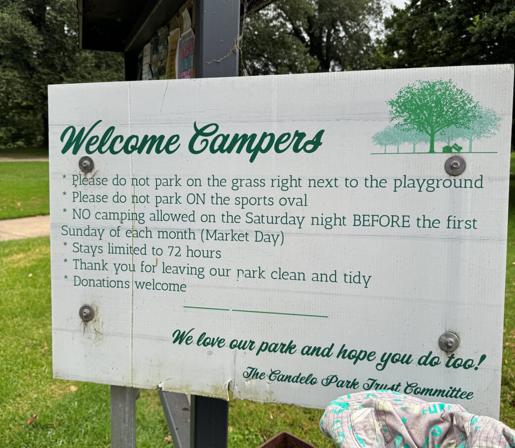 Welcome sign at the entrance to William Loftus Park camping ground in Candelo, NSW