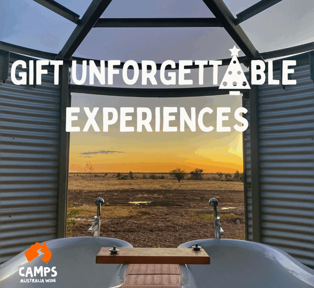 Gift experiences promotional graphic featuring camping and outdoor adventure activities
