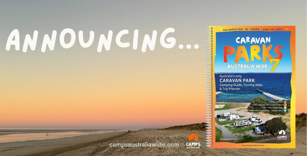 Caravan Parks 7 announcement banner featuring adventure and comfort travel theme
