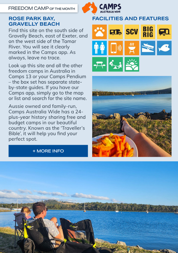 GoRV Freedom Camp of the Month promotional graphic for Rose Bay Park, Gravelly Beach