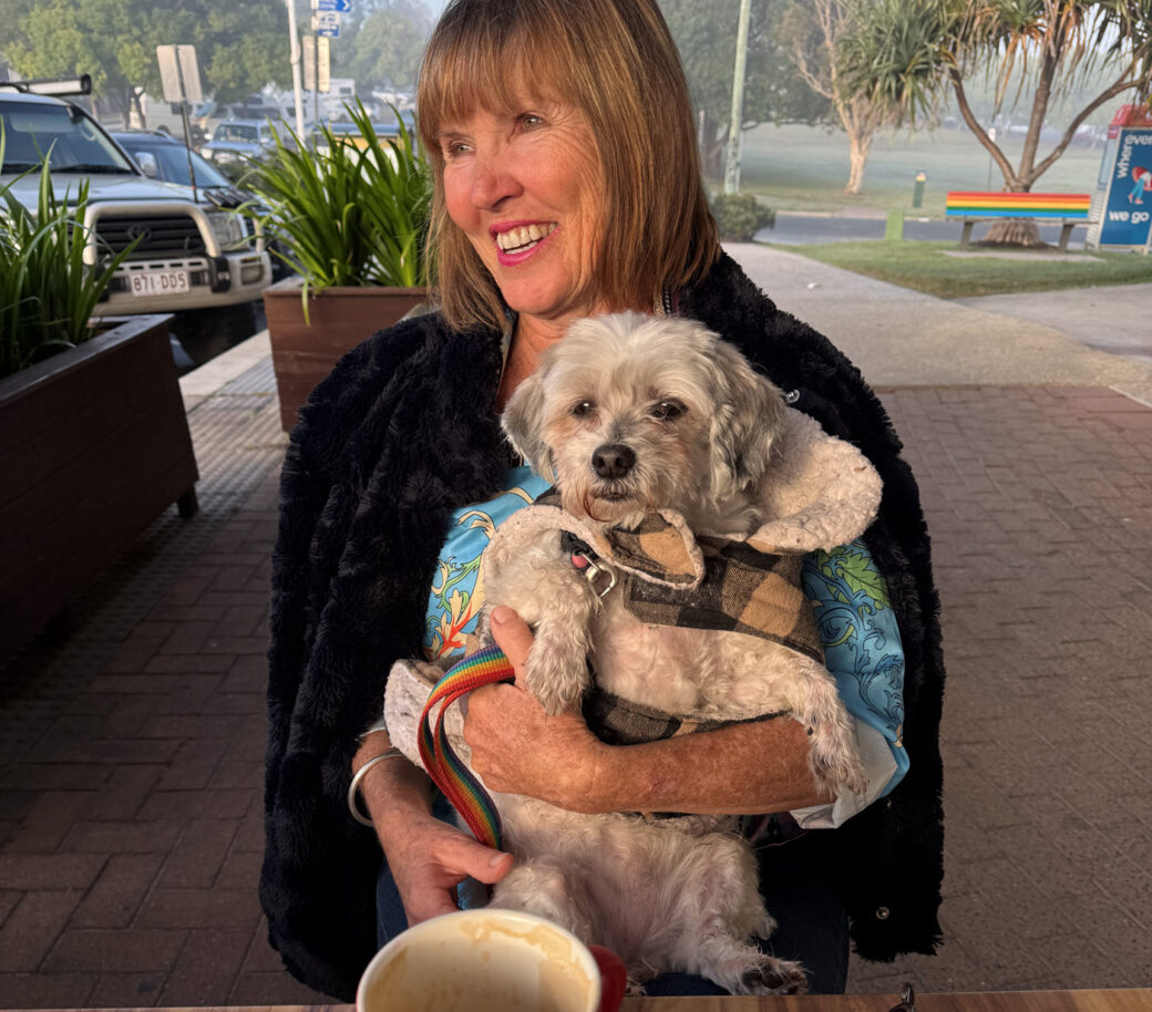 Australian children's book author with her dog during their camping travels across Australia