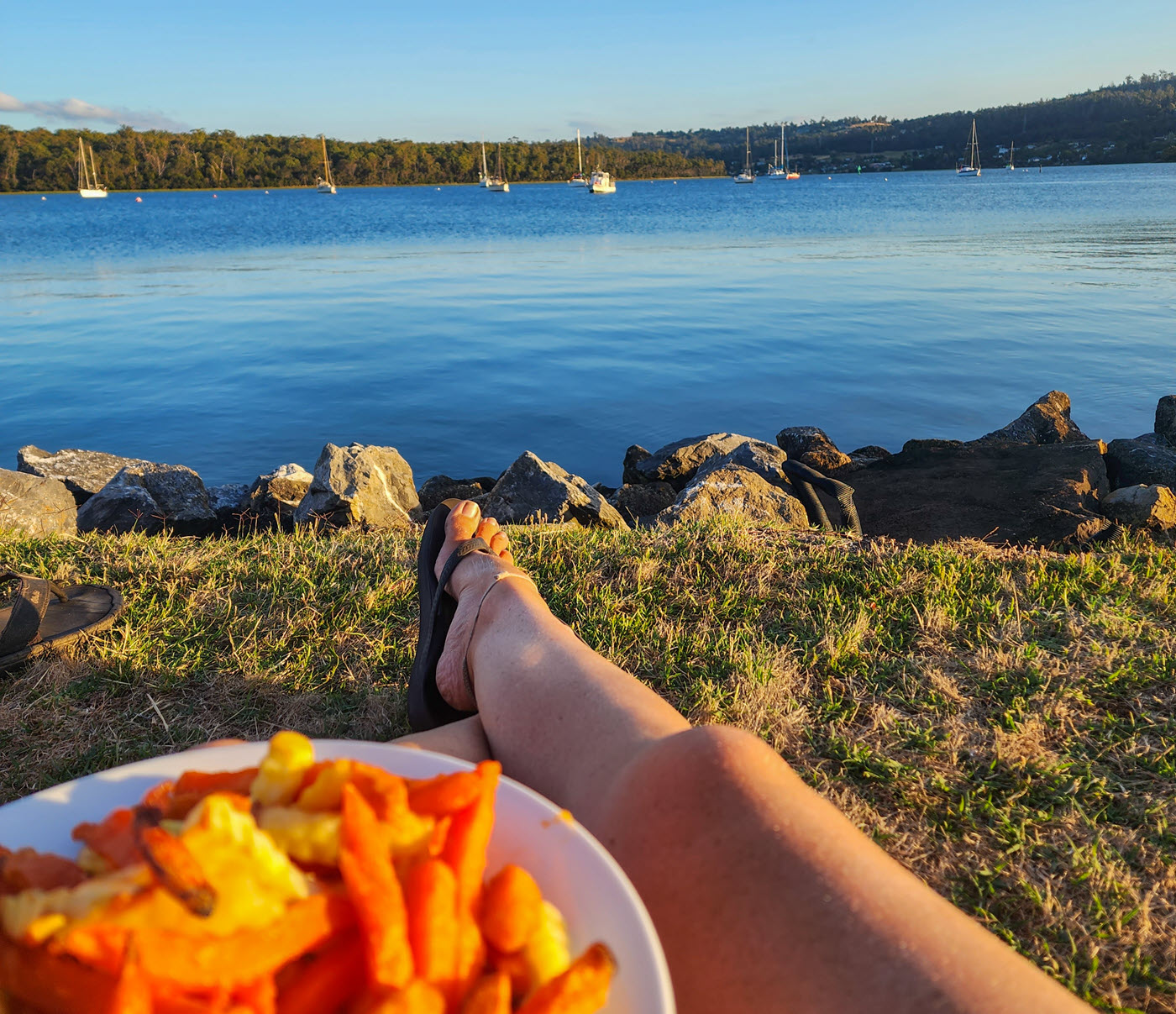 Relaxing at Rose Bay Park, Gravelly Beach Tasmania with water views