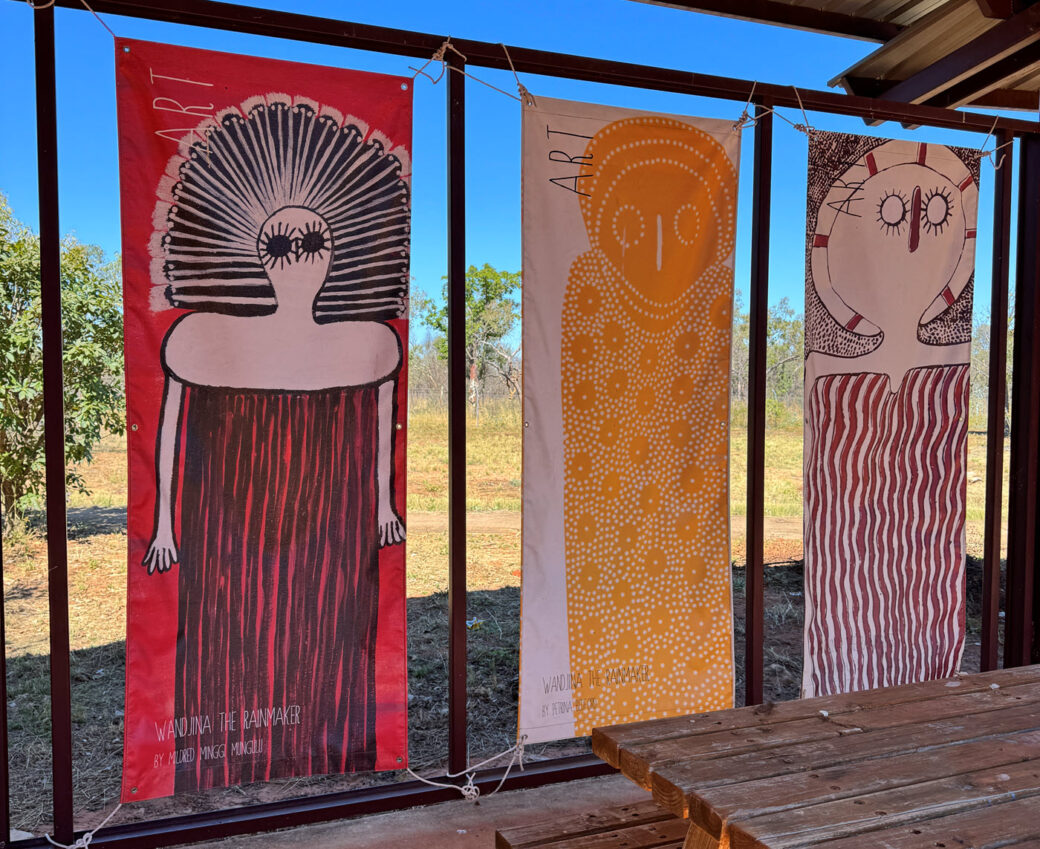 Interior of Mowanjum Art & Culture Centre displaying Aboriginal artworks near Derby, Western Australia