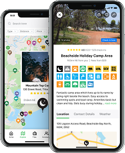 Camps Australia Wide app showing campsite map and listing details on mobile