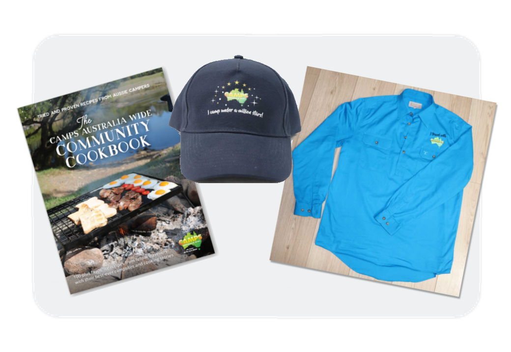 Gift Camps Australia Wide merch: shirts, cap and community cookbook