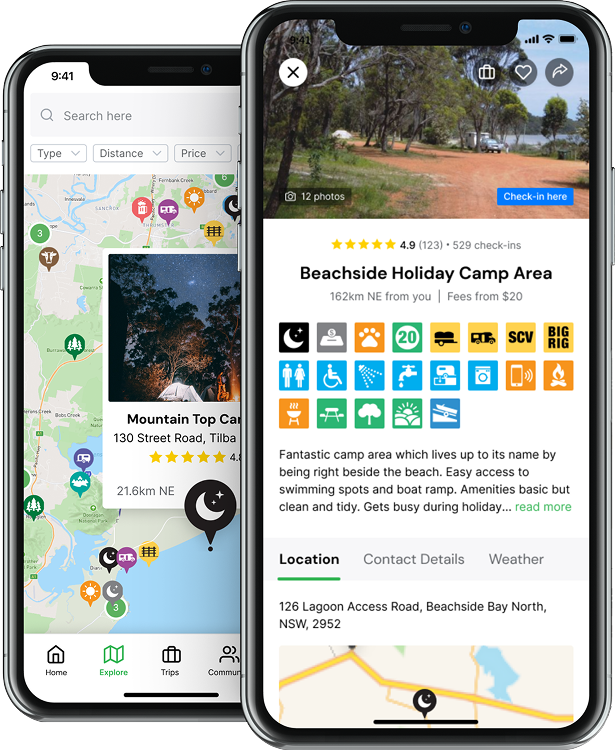 Camps Australia Wide app showing campsite map and detailed listing on phone