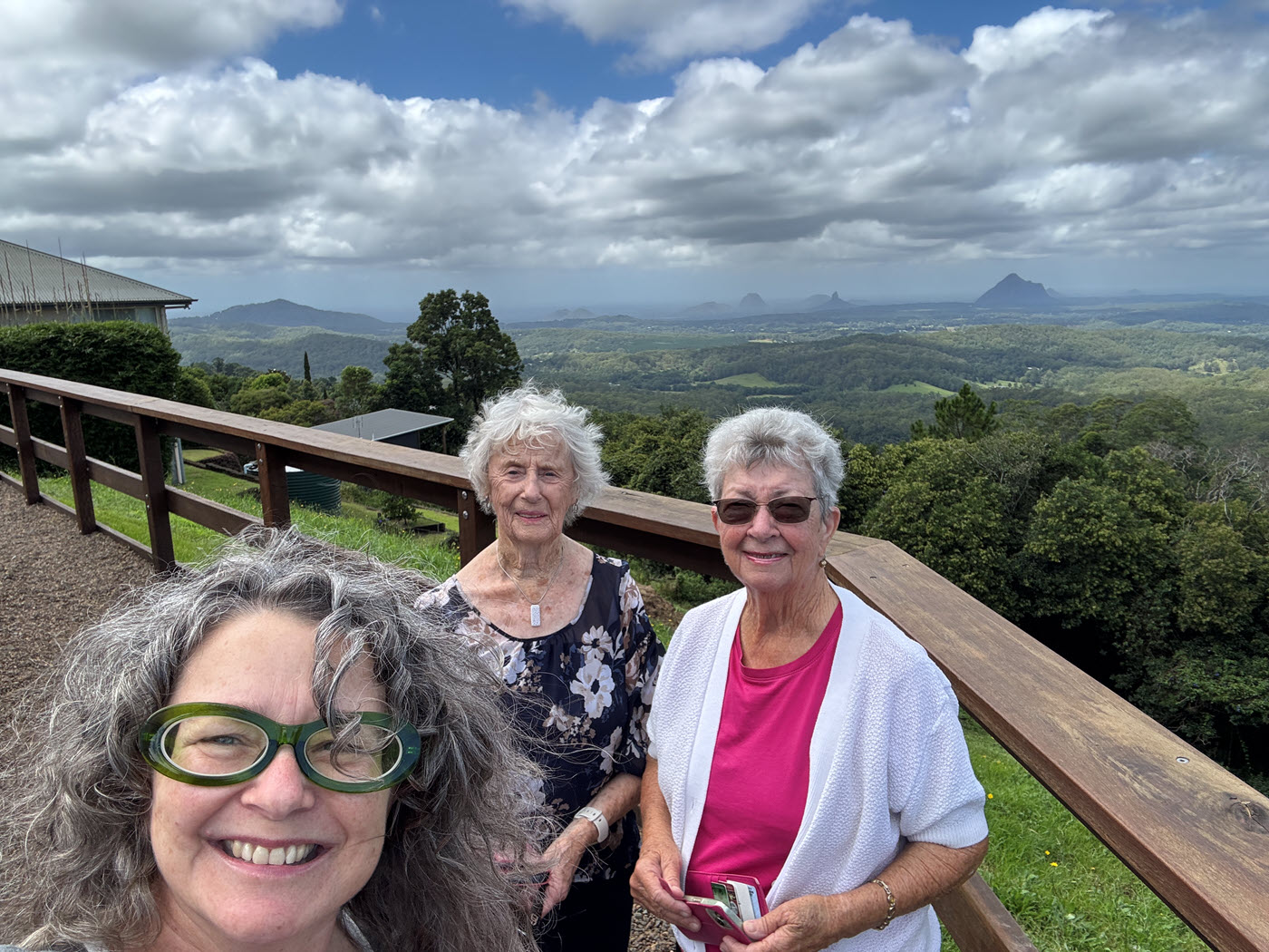Michelle, friend Lenore and Mum at McCarthy's Lookout, Maleny over the Glasshouse Mountains recently