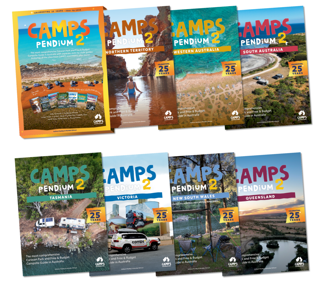 Camps Australia Wide camping guide book covers showing state editions with spiral binding